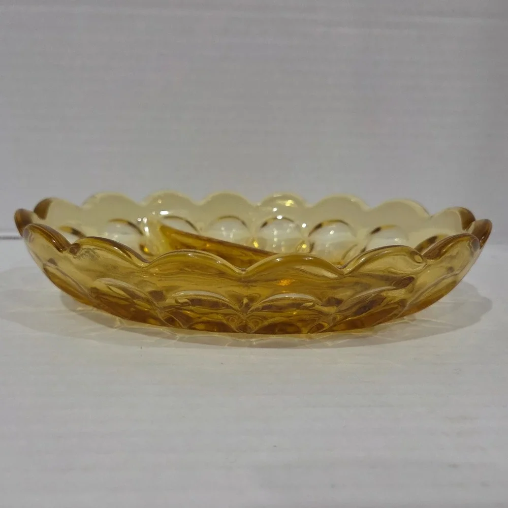 Vintage Amber Glass Divided Relish Dish Scalloped Edge Starburst Pattern 5x7